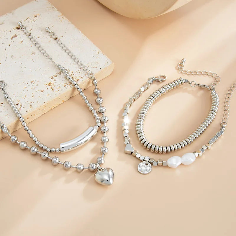 4Pcs/Set New Imitation Pearls Metal Heart Pendant Bracelets Women Fashion Creative Sliver Color Cube Chain Jewelry Gifts