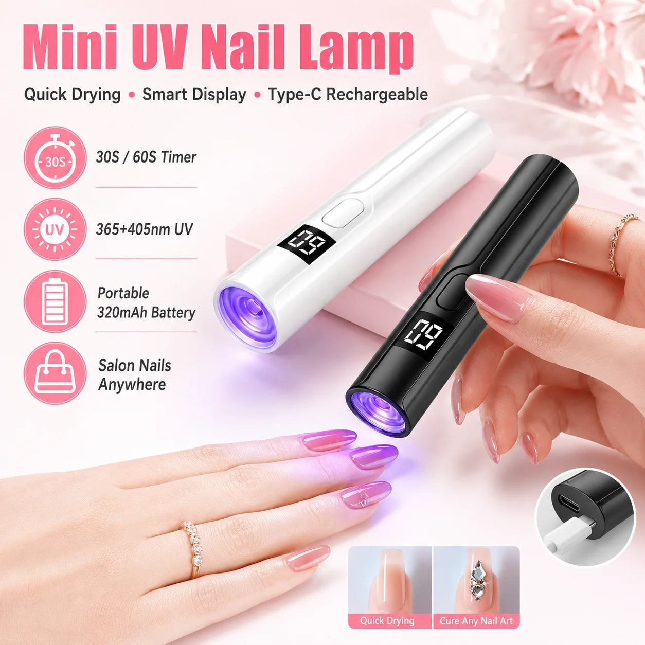 Rechargeable Mini UV LED Nail Lamp with Smart Display Portable Fast-Drying Nail Dryer Stand for Manicure Removable Desk UV Light