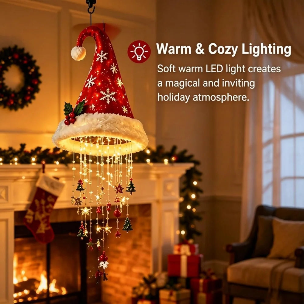 Christmas Lighted Santa Hat with Snowflakes Christmas Tree Pendant Hanging Lantern Xmas Decoration for Home New Year Party Gifts