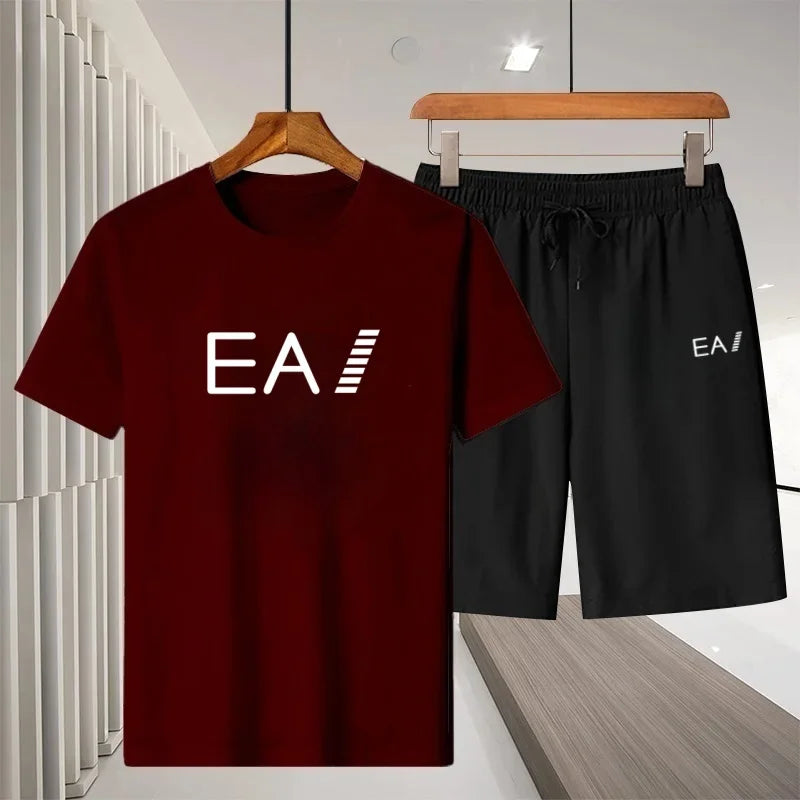 2026 Summer New Men Crew Neck Short Sleeve T-Shirt Sports Shorts 2 Piece Set Breathable Quick Dry Comfortable Casual Fitness