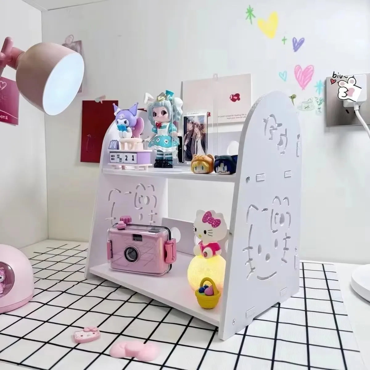 Hello Kitty 2-Tier Desktop Storage Shelf, Kawaii White Desk Organizer, Cute Makeup Stationery Display Rack for Woman Home Office