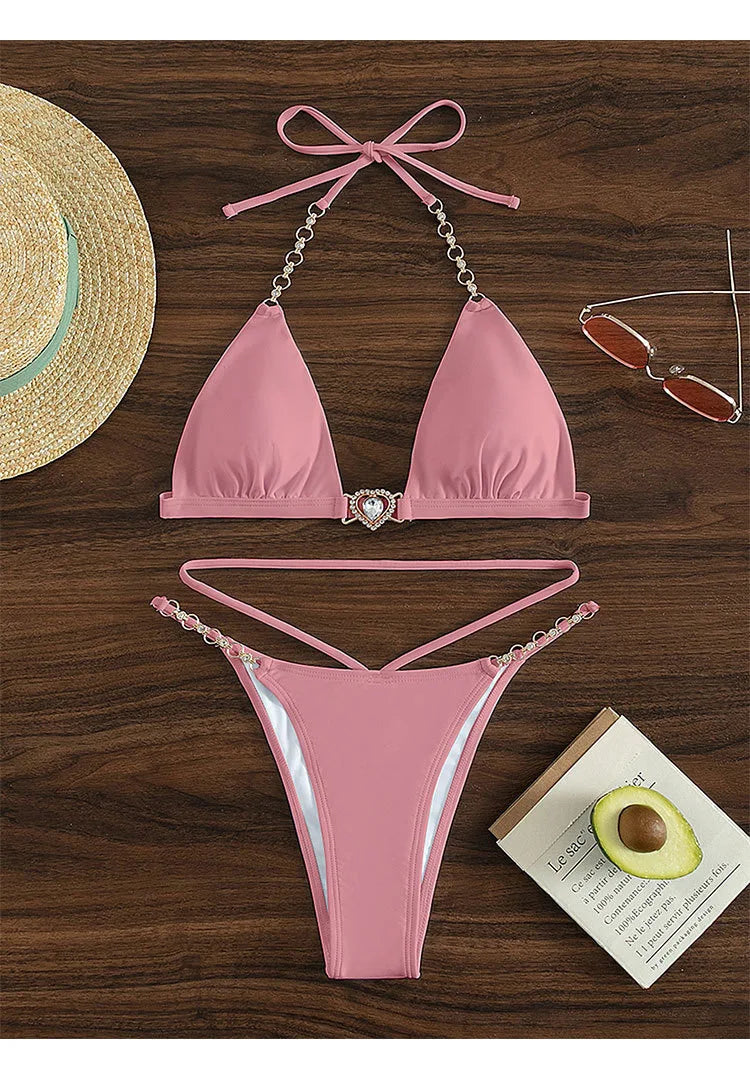 New Women's Deep V Neck Bikini Set Elegant Push Up Backless Swimsuit with Chain Straps Sexy Cute Style Summer Beachwear