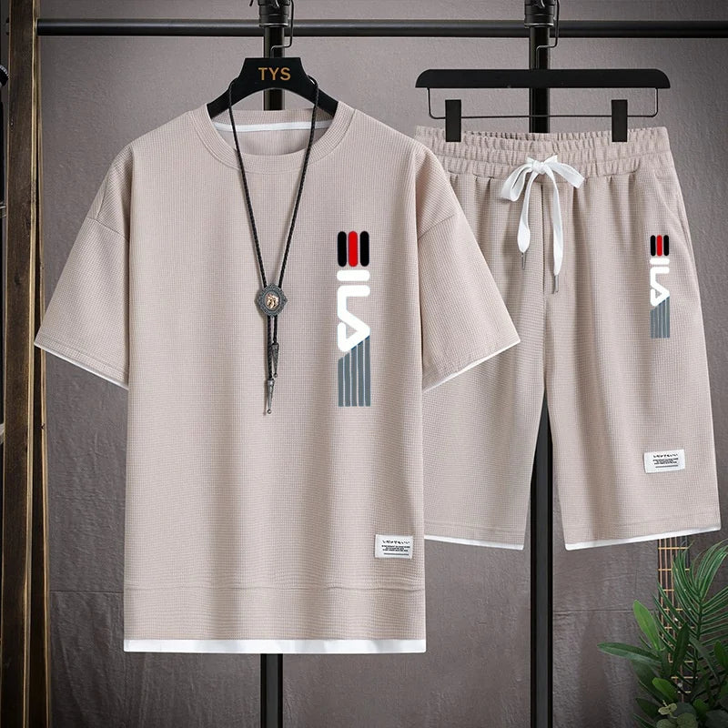 Men's summer 2026 fashionable outdoor new casual short sleeved T-shirt set, round neck hooded sweatshirt+sports shorts two-piece