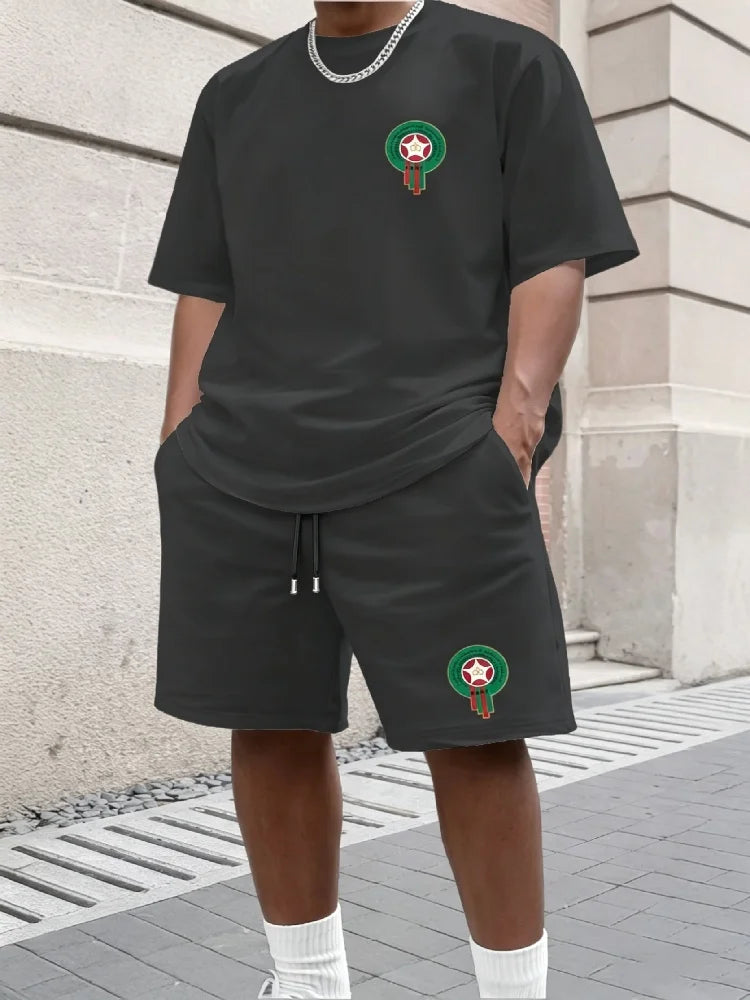 Youth Men's Fashionable Casual Sports Two-Piece Set Print Summer Short-Sleeved T-Shirt And Shorts Ensemble