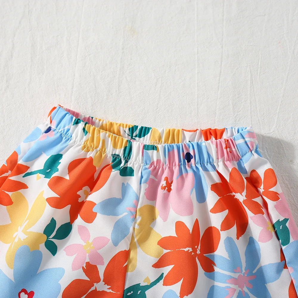 Two-Piece Summer Two-Piece Set For Girls Halter Top + Shorts Colorful Floral Print Casual Girls Set (Girls 0-2 Years Old)