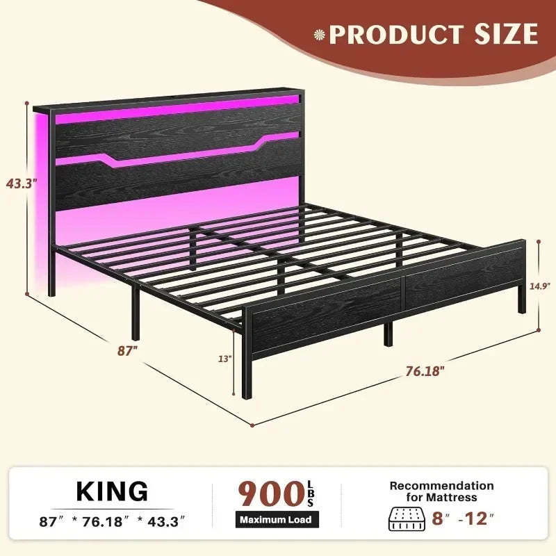 Bed Frame with LED Lights & Charging Station, King Bed Frame and Headboard,13" Under Bed Storage,Metal Slats Support Customized