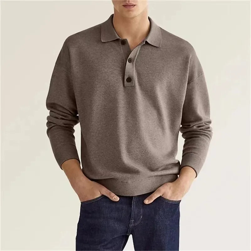 Men Long Sleeve Polo Shirt V Neck Button Up Casual Autumn Basic Solid Color Knitwear Tops For Men