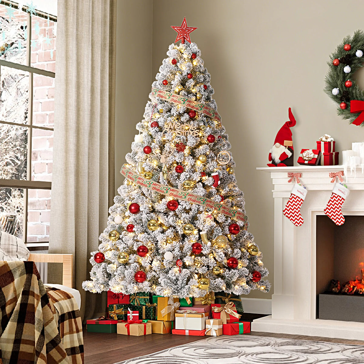 Prelit Artificial Christmas Tree with Dual Color LED Lights, Collapsible Metal Stand, Easy to Assemble, Easy to Assemble, for Indoor Winter Holiday Decoration