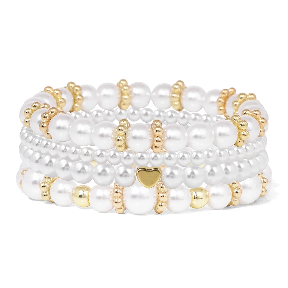 4 Pcs/Set White Pearl Bracelet Set Multilayer Gold Color Beads Bracelet For Women Trendy Imitation Pearl Bangle Luxury Jewelry