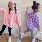 Girls' Sweet Heart-Print Sweatshirt Autumn Outfit, Cute Korean-Style New Autumn Long-Sleeve Top for Toddlers and Kids