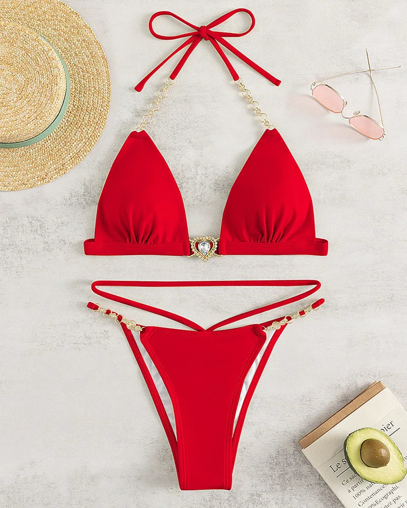 New Women's Deep V Neck Bikini Set Elegant Push Up Backless Swimsuit with Chain Straps Sexy Cute Style Summer Beachwear