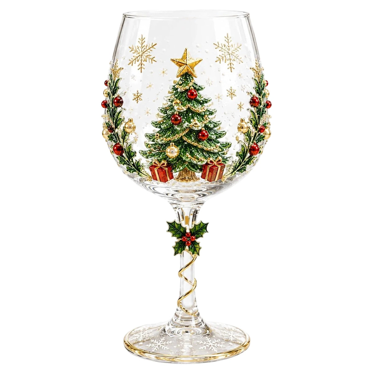 Holiday Stemware Christmas Wine Glass 2D Art Santa Snowman Reindeer Clear Goblet Party Cup