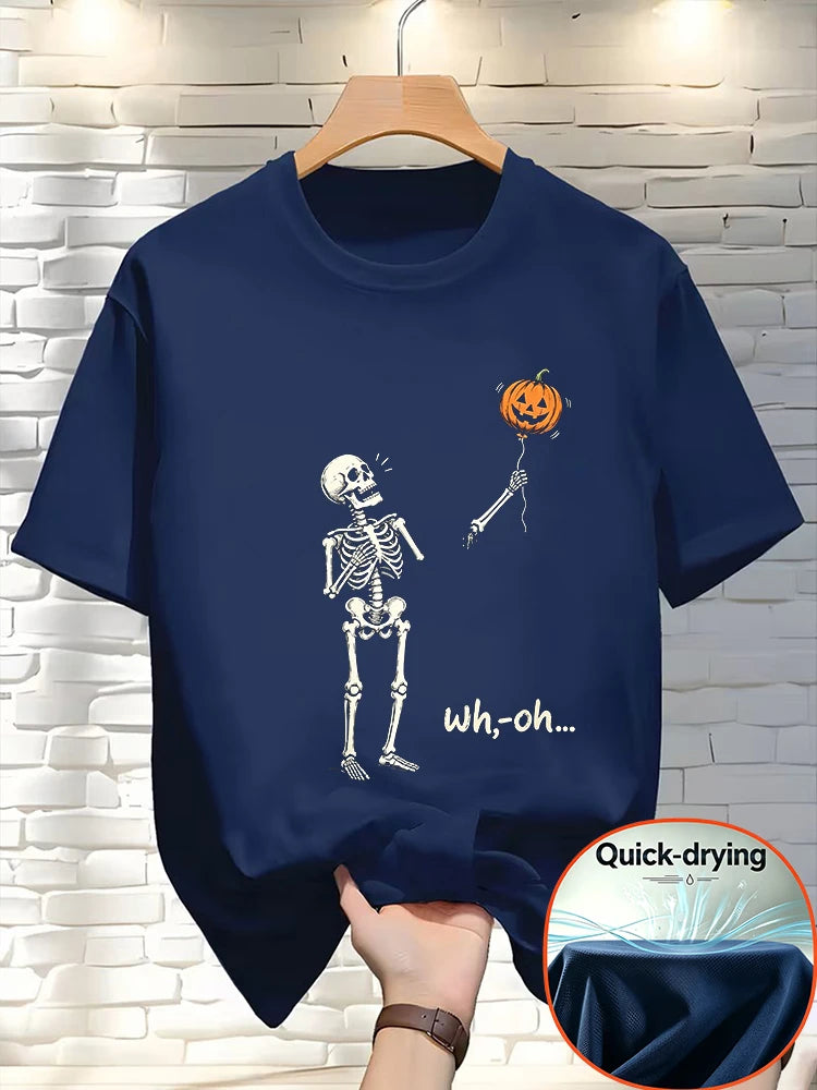 Men Halloween Skeleton Pumpkin Balloon Funny Graphic Tee Quick Dry Polyester Short Sleeve Crew Neck Casual Party T-Shirt-T121