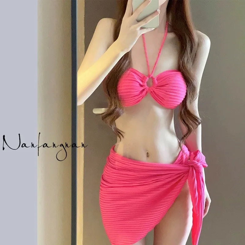 Women's Rose Pink Three-Piece Bikini Set Sexy Triangle Luxury Swimwear for Beach & Hot Spring Flattering Vacation Swimsuits