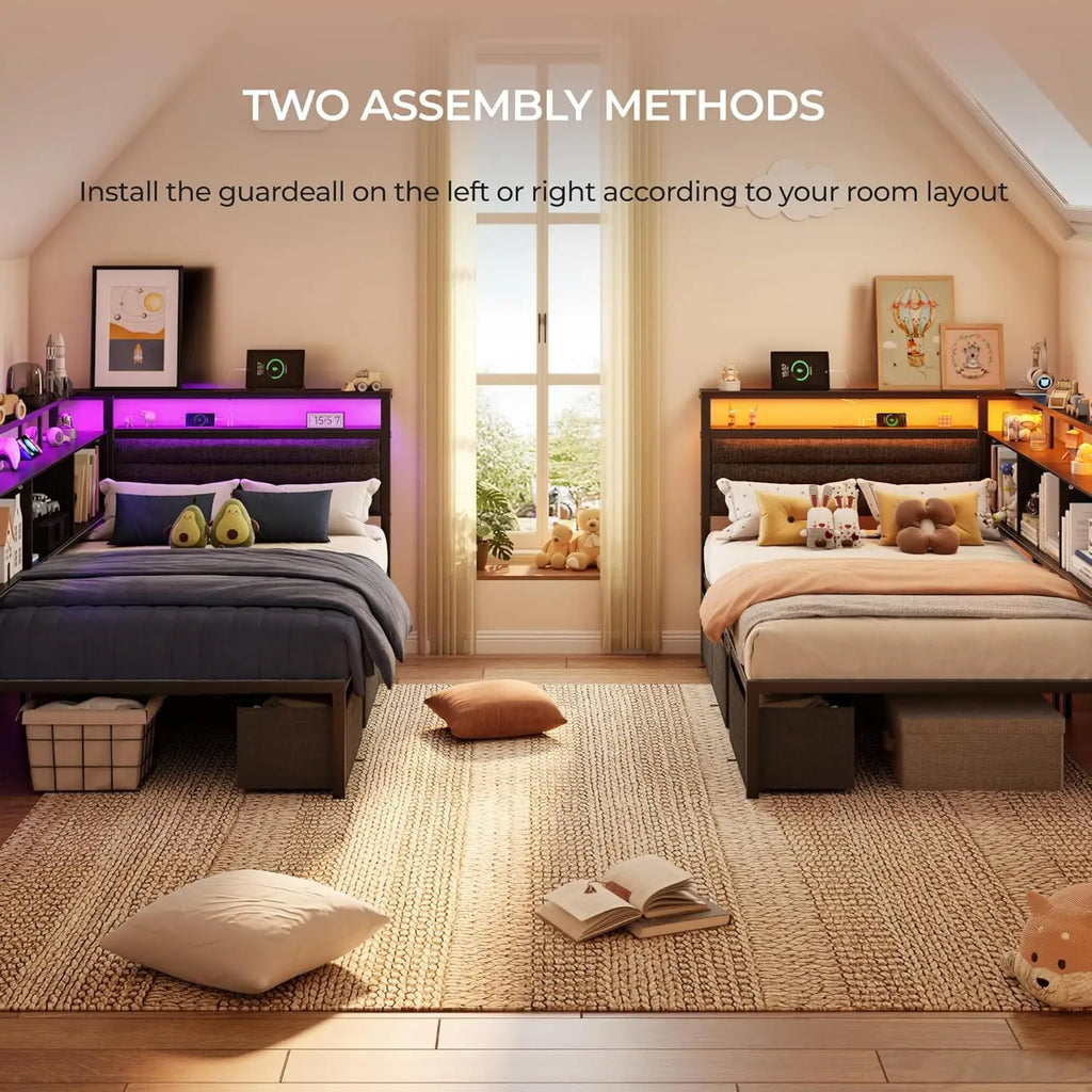 Corner Bed Frame with Storage Bookcase and LED Lights Twin Size Bed Frames with Upholstered Headboard and Charging Station
