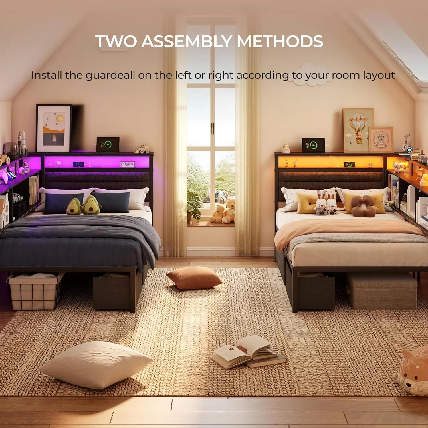 Corner Bed Frame with Storage Bookcase and LED Lights Twin Size Bed Frames with Upholstered Headboard and Charging Station