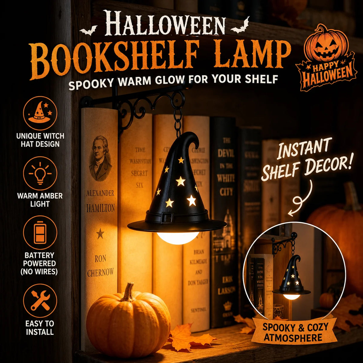 Gothic Retro Metal Halloween Wall Mount LED Reading Lamp Vintage Bookshelf Night Light Indoor Bedroom Home Wall Decor Ornament