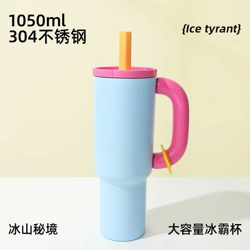 1050ml Insulated Mug with Handle and Straw Ice Cup Large Capacity Tumbler Stainless Steel Water Bottle Office Home Thermal Mug