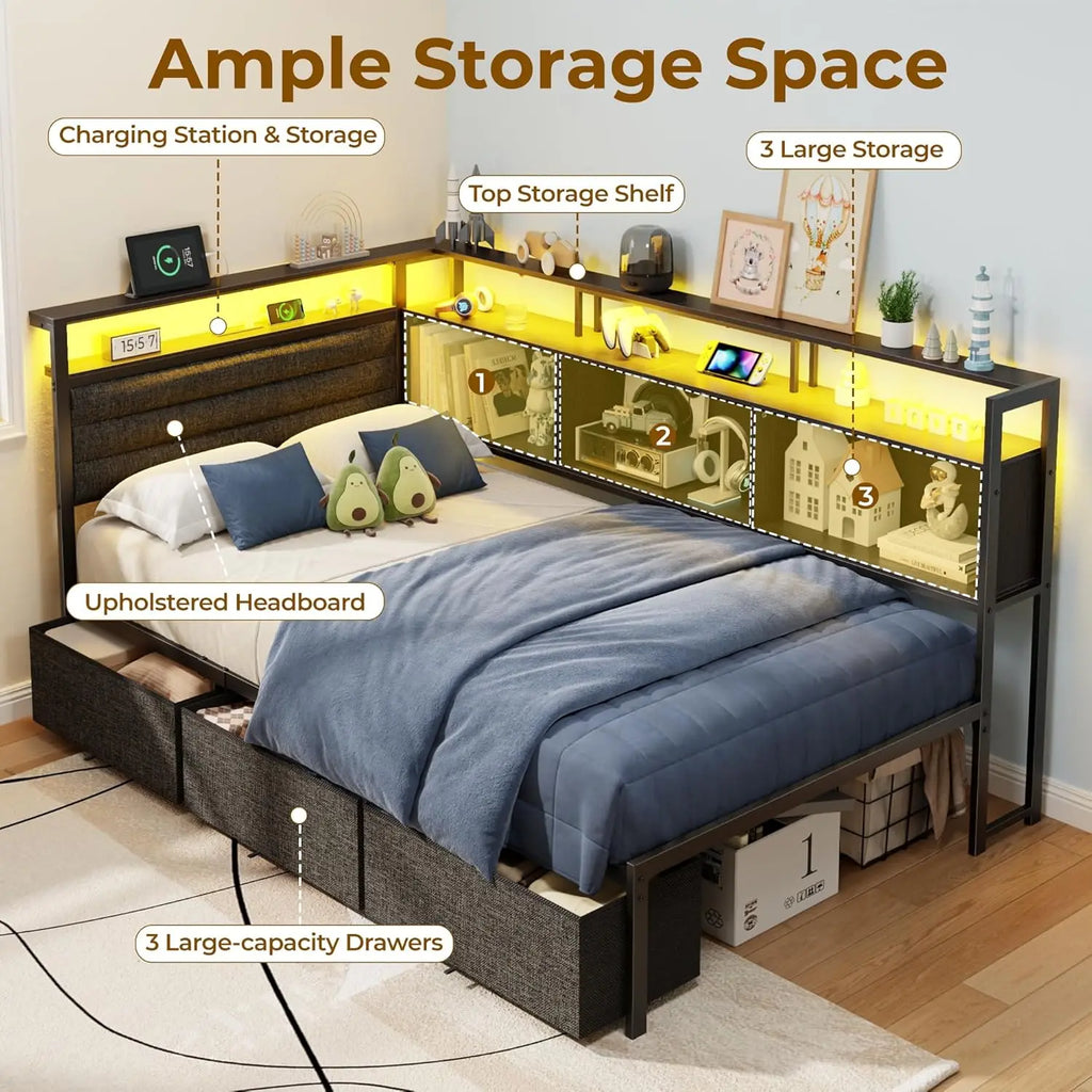 Corner Bed Frame with Storage Bookcase and LED Lights Twin Size Bed Frames with Upholstered Headboard and Charging Station