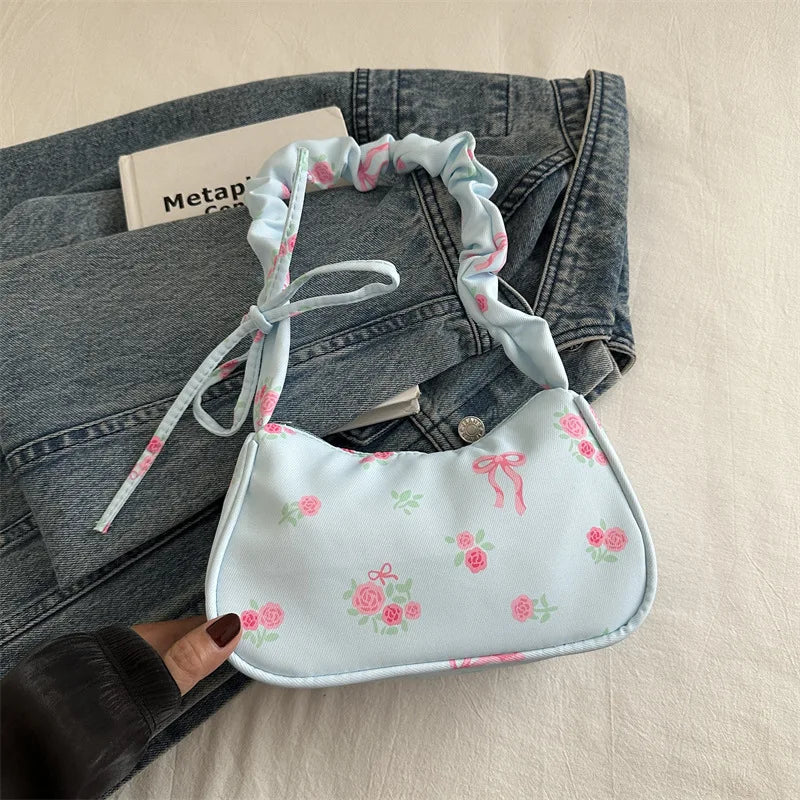 Women's Bags 2025 Summer Nylon Pleated Handbags Armpit Bag Korean Floral Bow Printed Zipper Tote Bag Female Small Shoulder Bags
