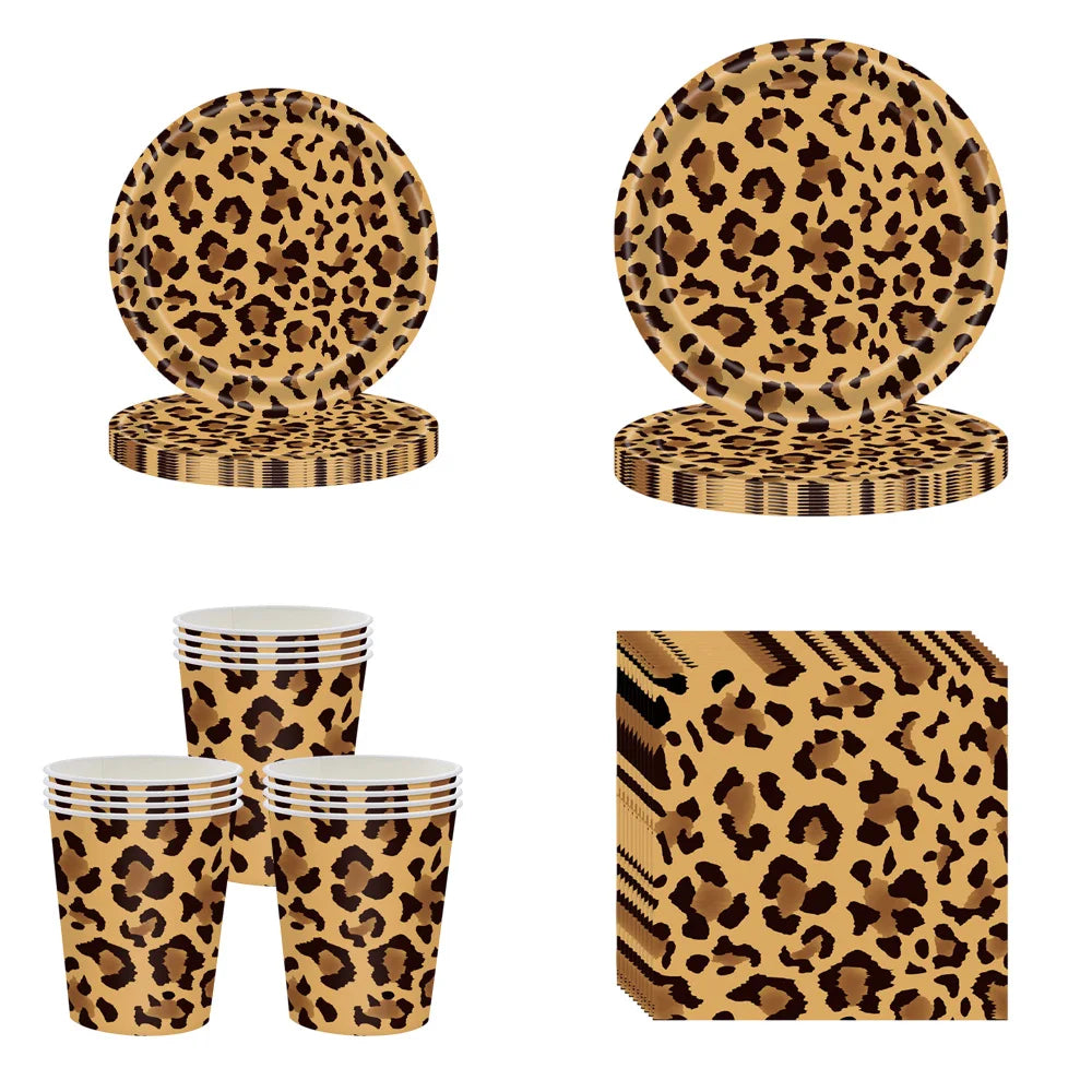 Leopard Print Paper Plates Cups Napkins Disposable Tableware Safari Jungle Animals Happy Birthday Party Supplies Baby Shower Set