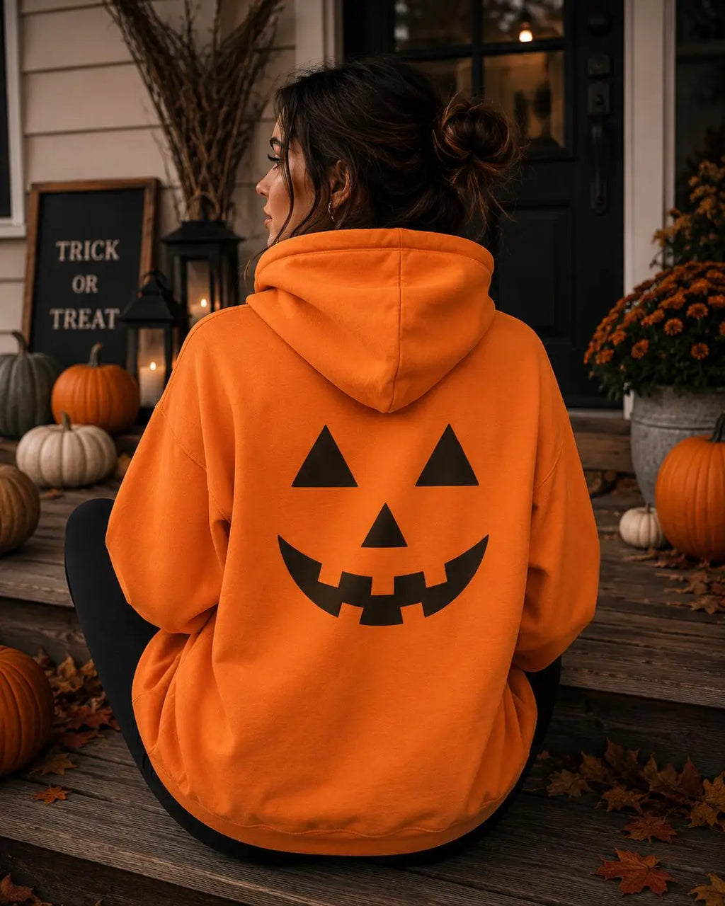 Halloween Hoodie Pumpkin Jack O Lantern Back Print Orange Black Spooky Pullover Unisex Fall Casual Hooded Sweatshirt