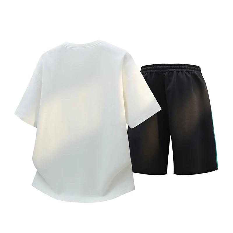 High Streetwear Short Sleeve T-Shirts & Shorts Men's Sets 2026 Summer Youth Casual Tops Tees & Knee-Length Pant 2-Piece Clothing