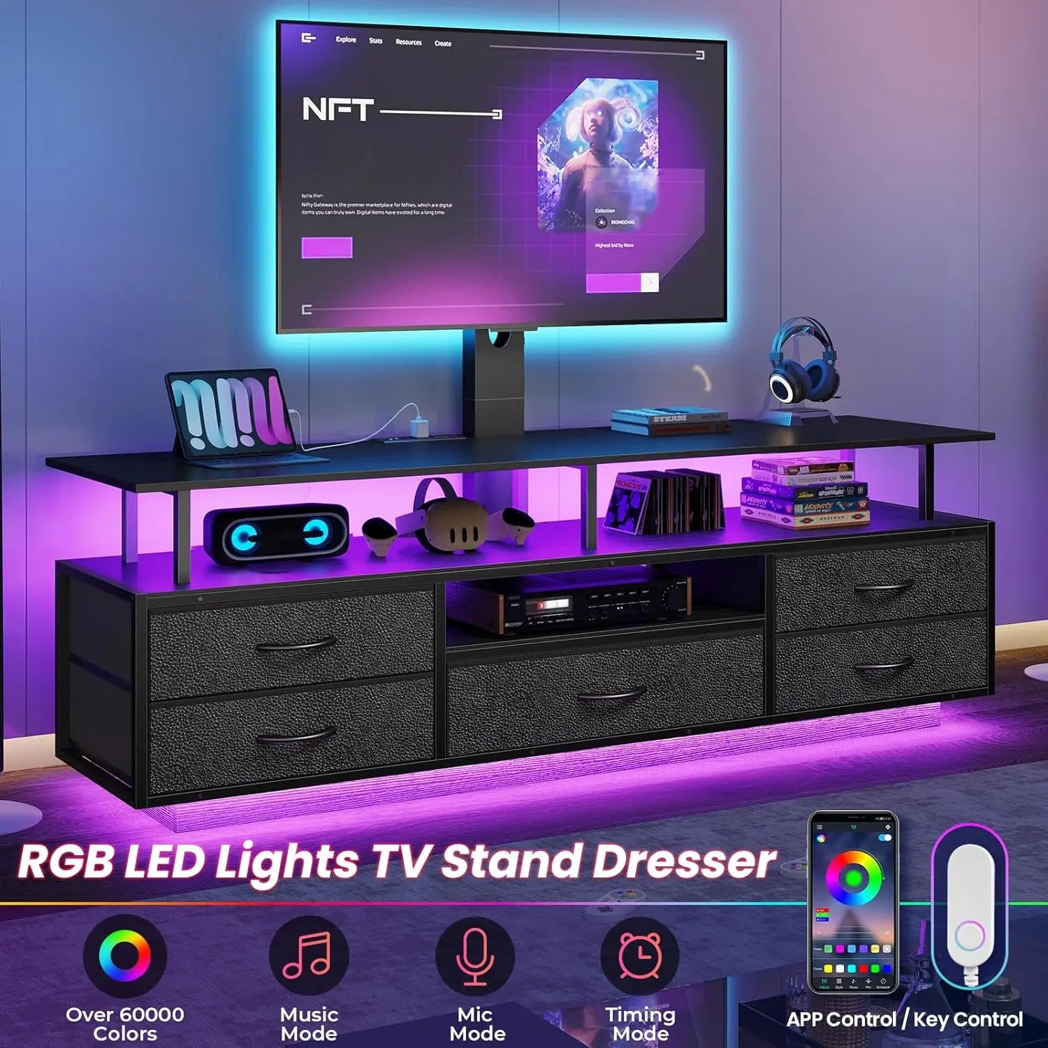 TV Stand with Mount for 32/55/65/70 inch TVs, 51.2" LED TV Stand with Power Outlets & Storage,Entertainment Center