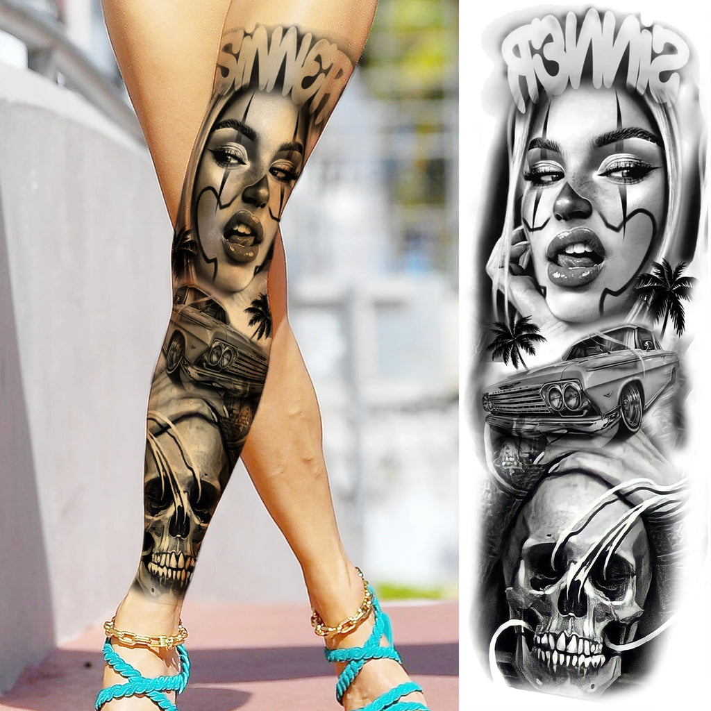1 Sheet Full Arm Leg Robber Joker Gangster Temporary Tattoos Long Large Bad Guy Nun Fake Tattoo Sleeve Waterproof  Tatoo Sticker