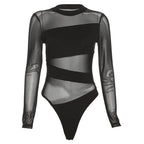 Spring Summer New Fashion Cut Cross Hollow Mesh Jumpsuit Long-Sleeved Thin O Neck Diagonal Black Charming Bodysuit Clubwear