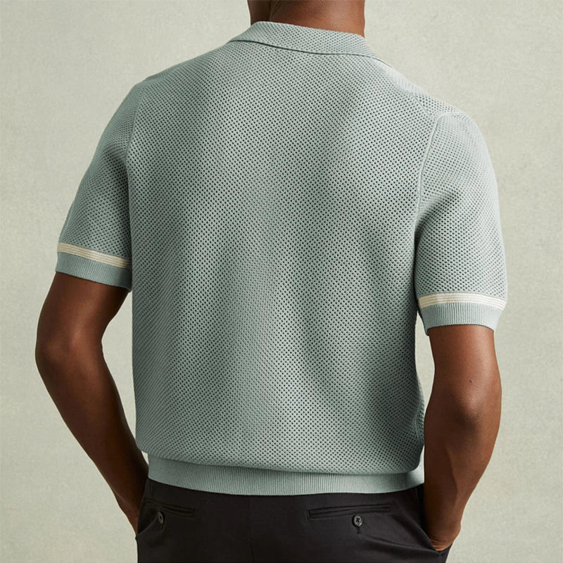 Vintage Mens Striped Shirts Knitting Hollow Out Short Sleeve Lapel Buttoned Cardigan Tops Men Summer Fashion Pocket Knit Shirt