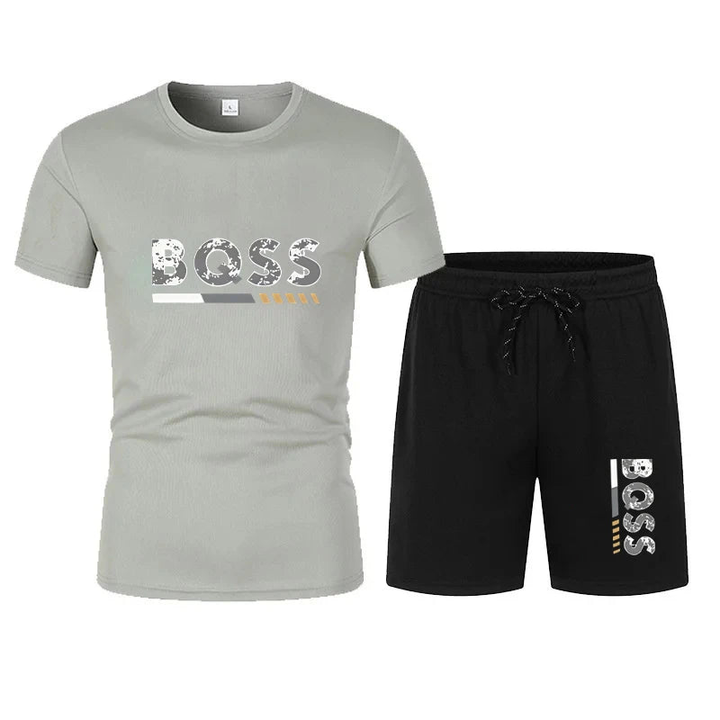 Men's summer sports short sleeve set, two-piece set, men's summer quick-dry sports set, breathable mesh short sleeve T-shirt and