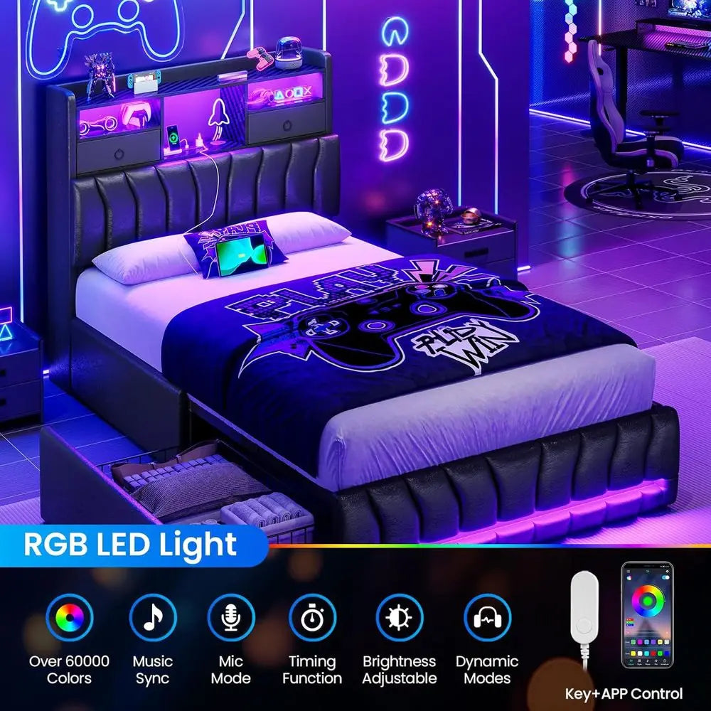 Twin Size Bed Frames with Storage Headboard and Two Large Drawers, Gaming Bed with RGB Lighting and Charging Station, Leather Up