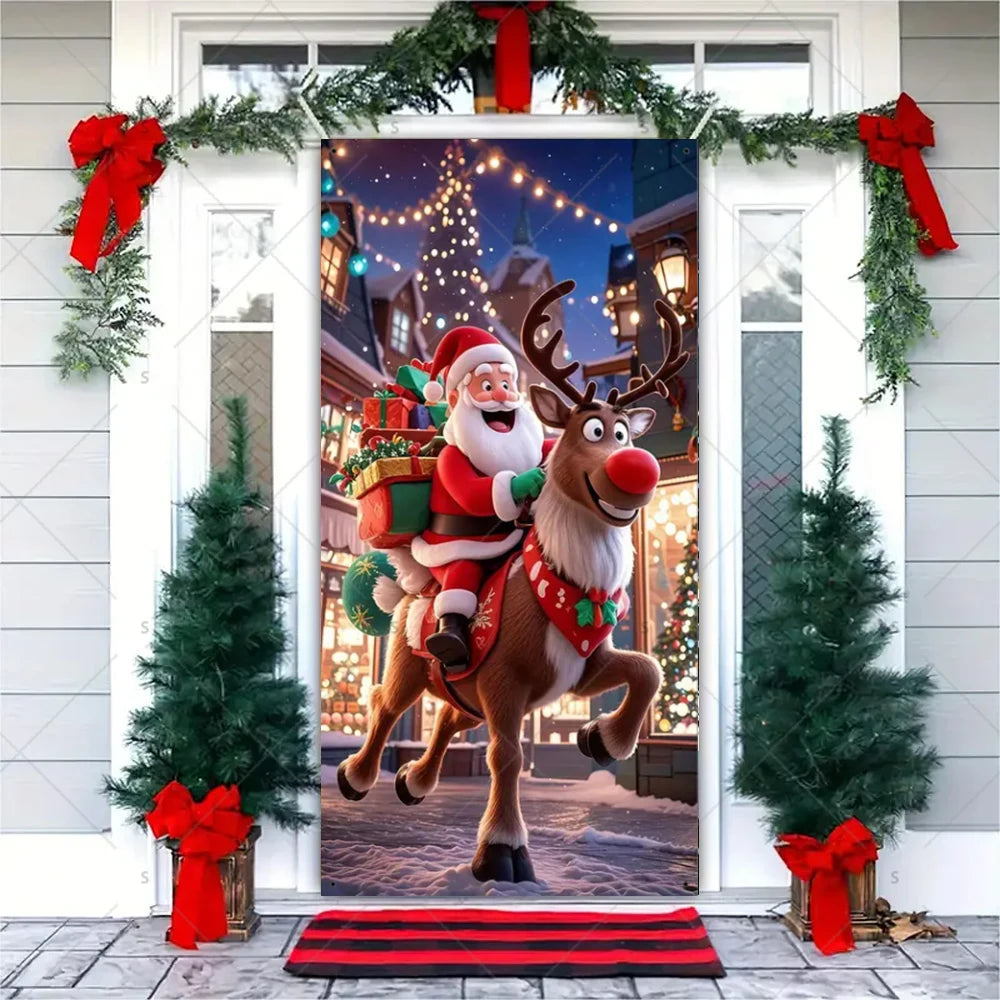 Christmas Theme Santa Claus Santa Dog Snowman Door Cover Banner Festive Party Decoration Supplies Photography Props Xmas Gifts