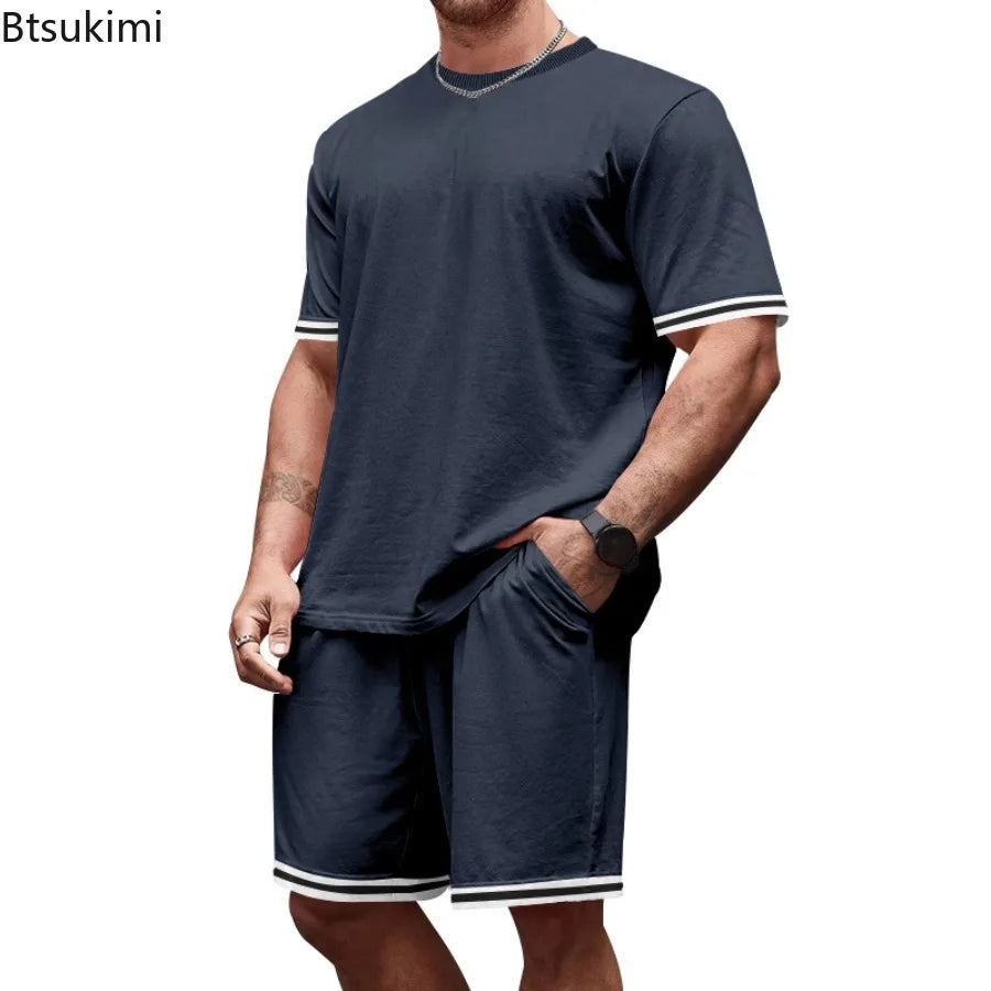 2026Men's Summer Tracksuit Solid Loose Casual Round Neck Short Sleeve T-shirts Shorts Two Piece Sets for Men Gym Clothing Sets