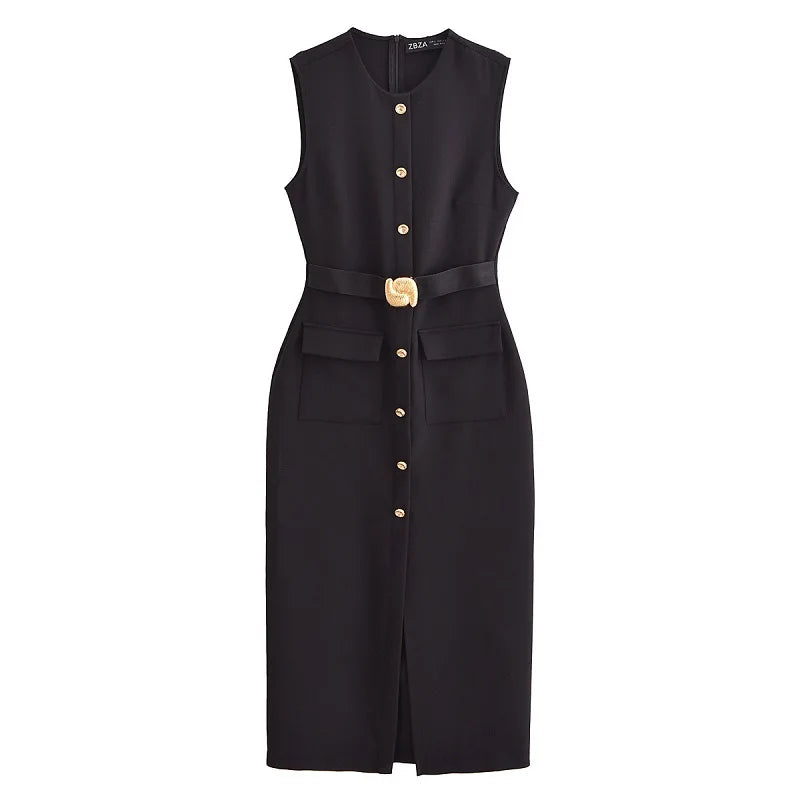 WOMAN 2025 Women's Dresses Black Office Long Dresses for Women Spring Sleeveless Midi Dress Woman Belt Button Women's Dress Vest