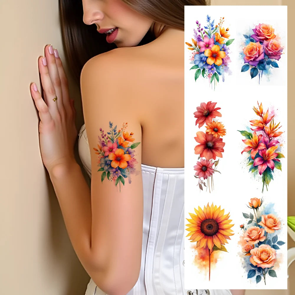 9pcs Colorful Flower Temporary Tattoos Stickers 3D Disposable Body Arm Tatoo Sticker Men Women Waterproof Fake Tatoos