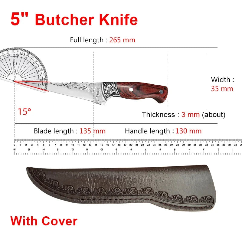 Kitchen Boning Knife Chef Butcher Meat Cleaver Stainless Steel Fruit Paring Knife Cut Meat Pork Beef Fish Cutting Wood Handle