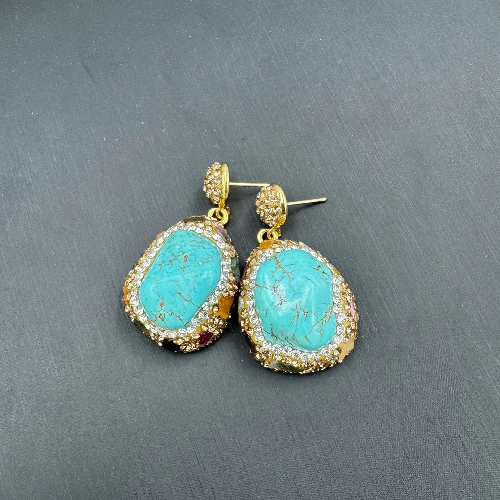 Ethnic style vintage turquoise natural pearl inlaid earrings, rings, bracelets, necklaces, jewelry four-piece set for women