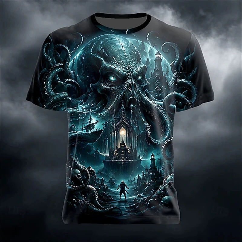Men's Summer Skull-Printed Horror-Themed Crew-Neck T-Shirt Fashionable Trendy Street-Style Short-Sleeve Top for Halloween