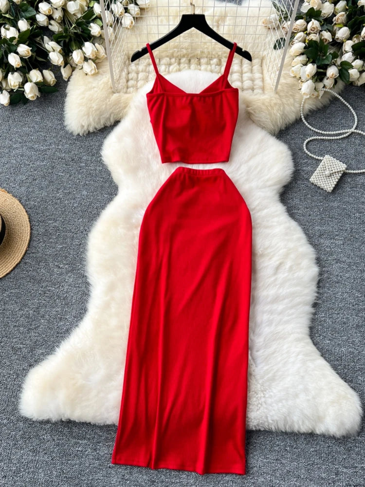 Foamlina Summer Sexy 2 Pieces Set for Women Solid V Neck Sleeveless Crop Camis Top and High Elastic Waist Split Long Skirt Suits