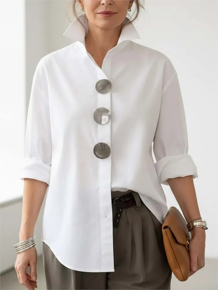 Women Casual Solid Loose Shirt Tops Spring Summer Fashion Lapel Shirt Long Sleeve Blouse Metal Button Top Office Ladies Blouses