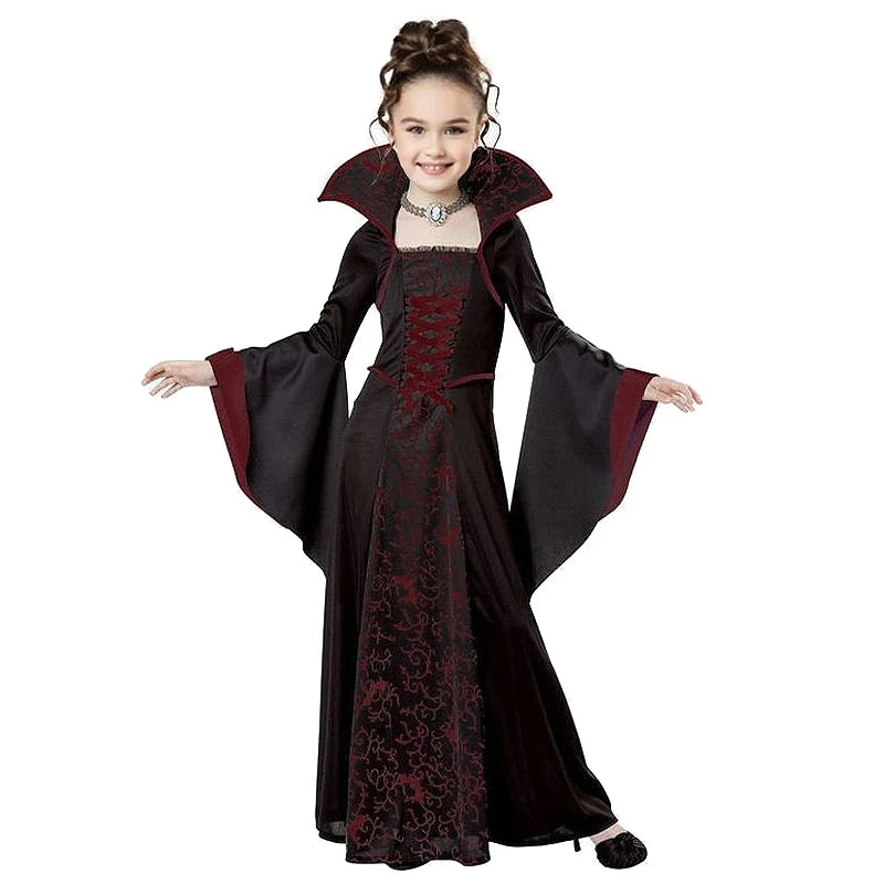 Halloween Costume Girl Fancy Skeleton Rose Print Dress Halloween Ghost Bride Vampire Cosplay Dress Kids Carnival Party Clothes