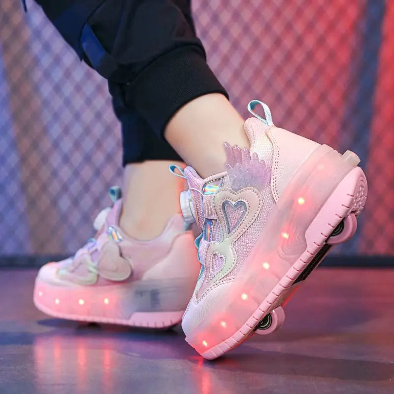 Kids Girls LED Light Up Roller Shoes 2 Retractable Wheels Angel Wings Heart Rotary Buckle Skate Sneakers