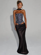 Mozision Sequins Sexy Dress Set Women Sparkle Scarf Collar Crop Tops And Maxi Skirt Elegant Club Party Satin Skirt Matching Set