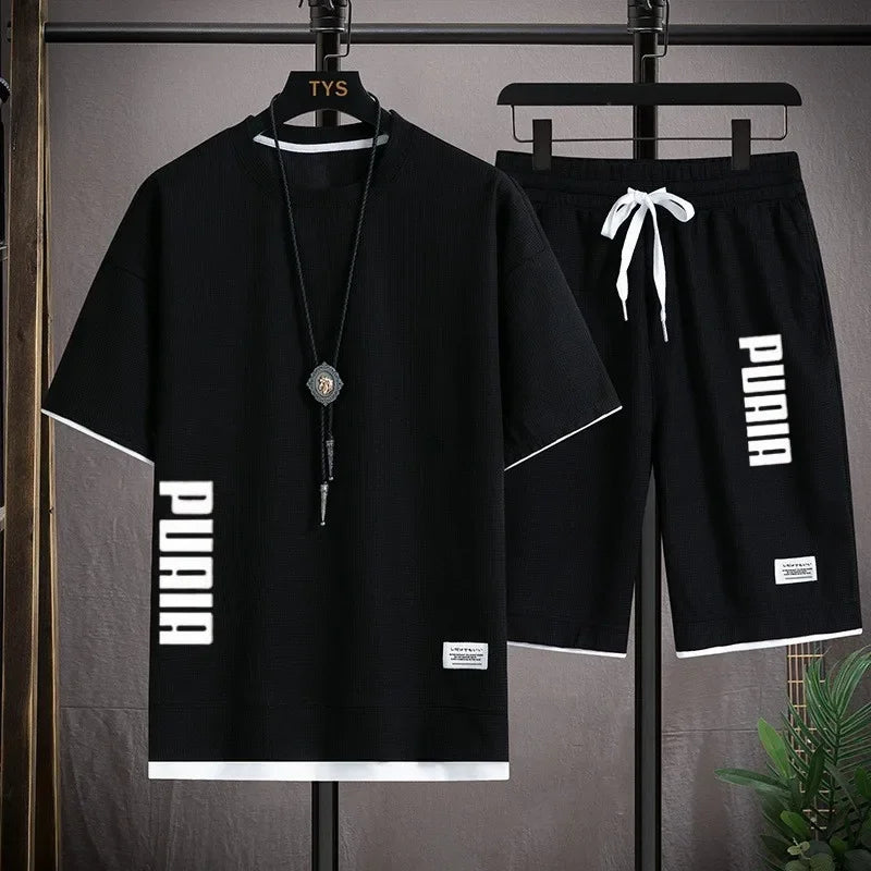 2026 New Men's T-shirt and Shorts Set 2-in-1 Summer Breathable Casual T-shirt Running Fashion Element Printed Men's Sports Set