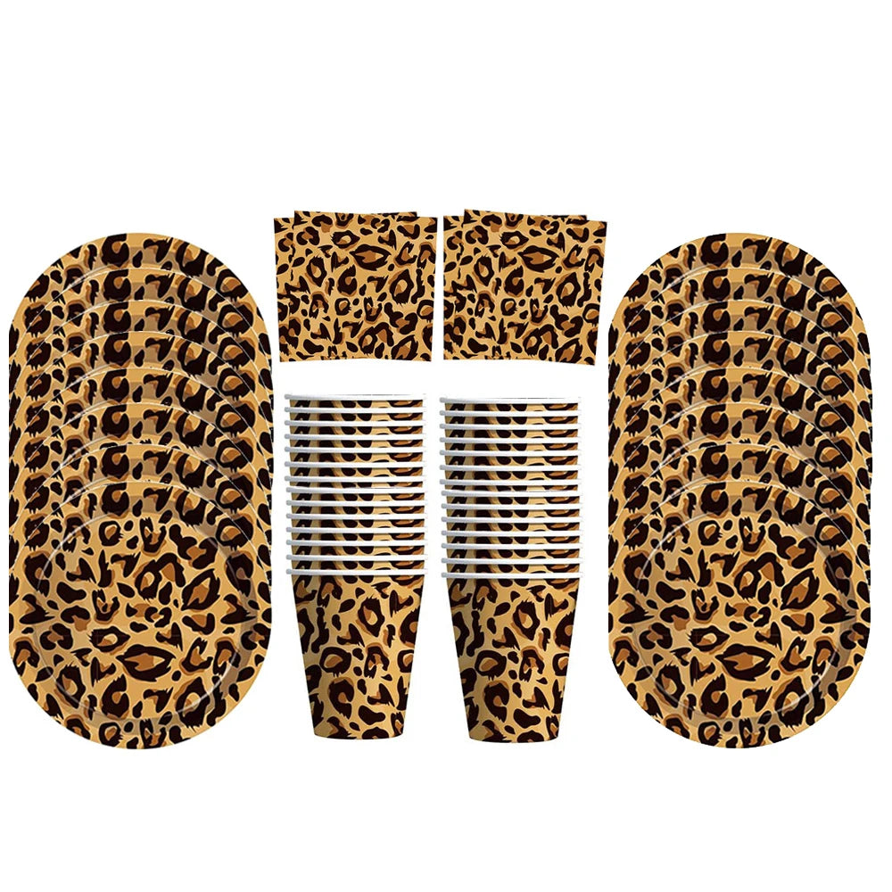 Leopard Print Paper Plates Cups Napkins Disposable Tableware Safari Jungle Animals Happy Birthday Party Supplies Baby Shower Set