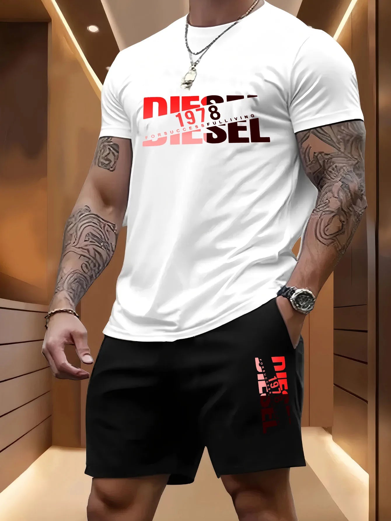 Summer men's casual two-piece set round-neck short-sleeved T-shirt and sports shorts for outdoor activities