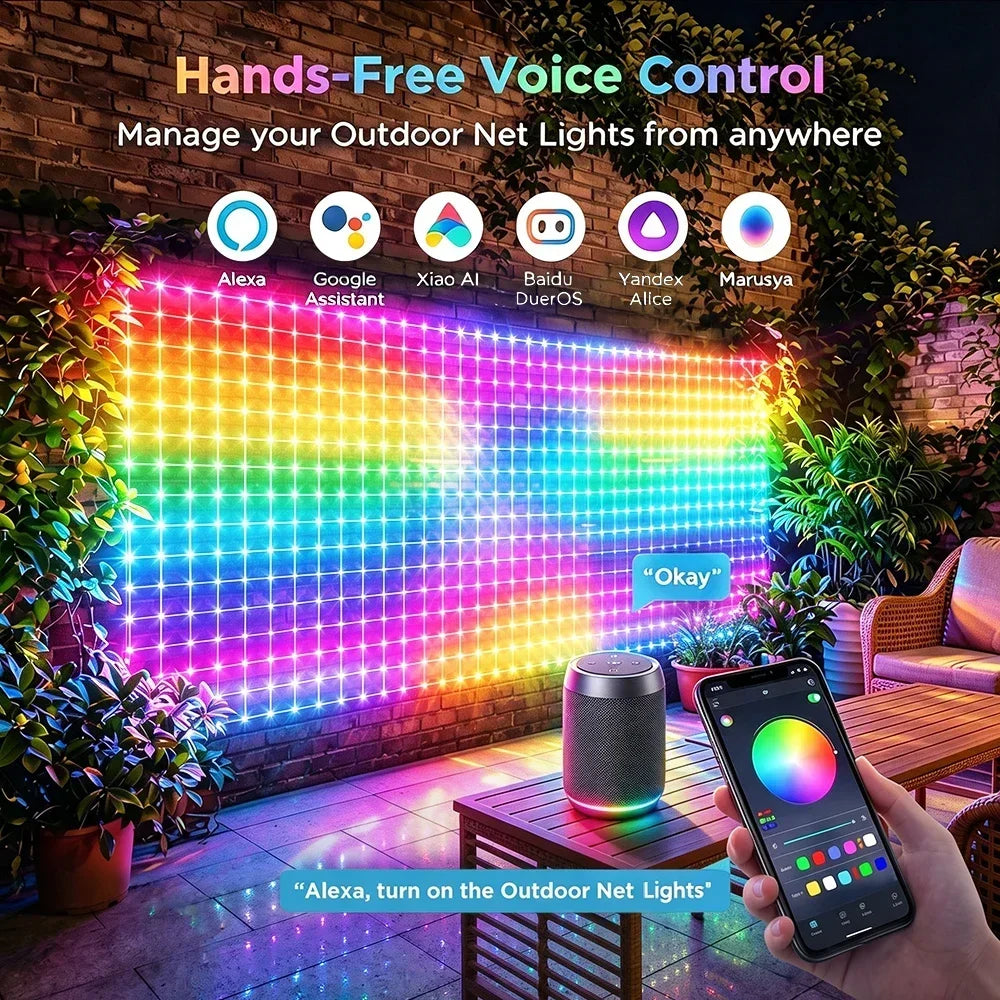RGBIC LED Flexible Net Mesh Lights Outdoor Waterproof Matrix Grid Patio Pergola Bush Wedding Christmas Party Holiday Yard Decor