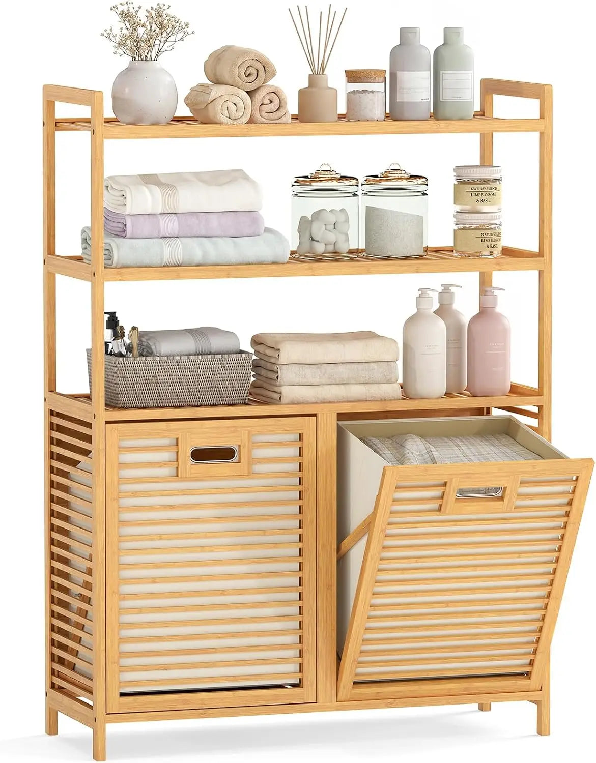 Giantex Bamboo Tilt Out Laundry Hamper Cabinet, Wicker Laundry Sorter